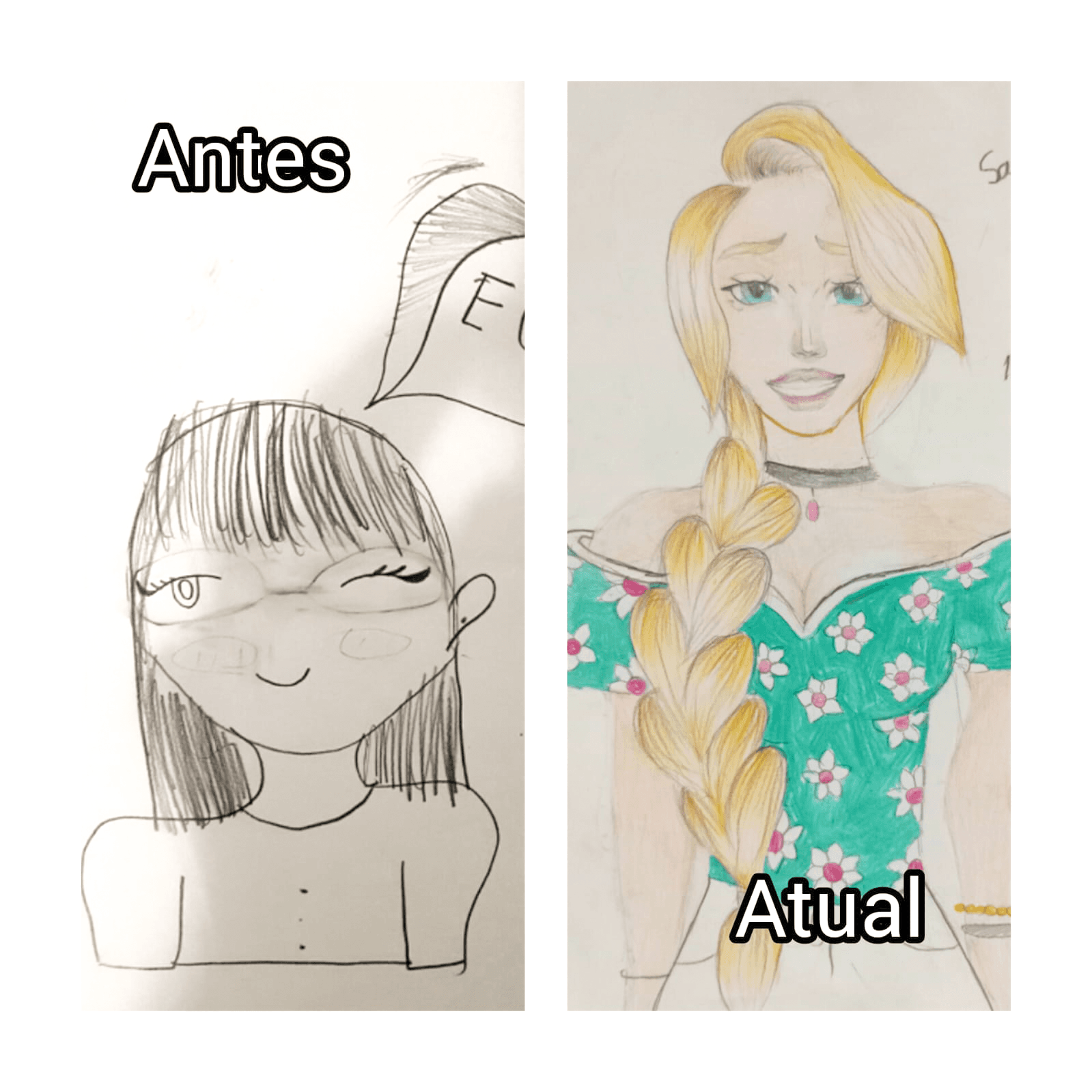 Comparação de uma arte de personagem completo de uma aluna antes e depois do curso