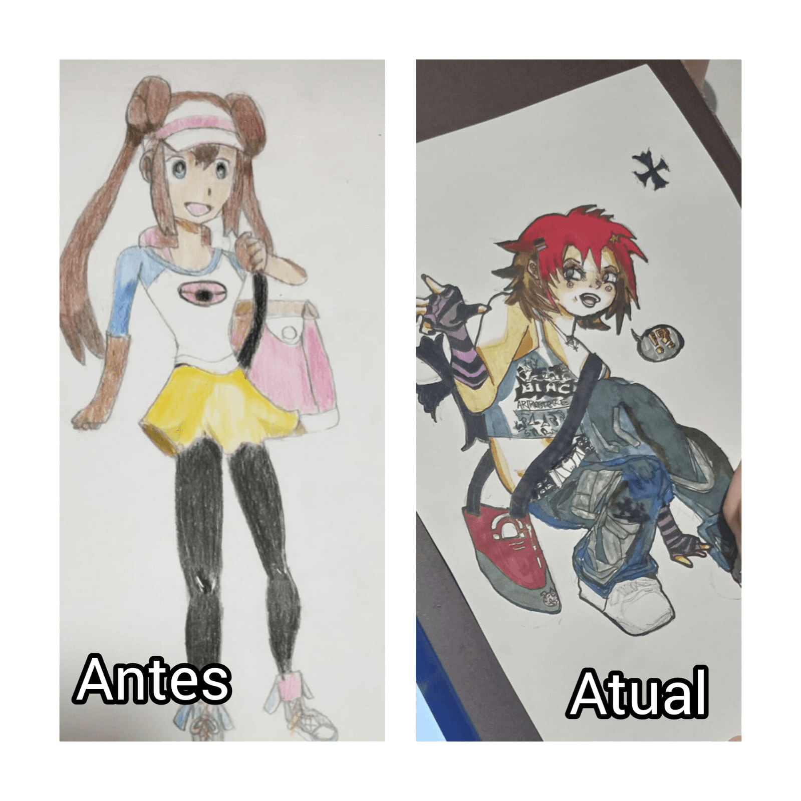 Comparação de uma arte de personagem completo de uma aluna antes e depois do curso